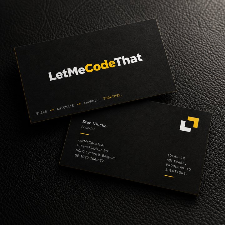 LetMeCodeThat business cards, front and back.