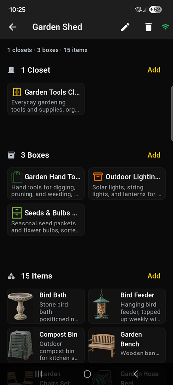 SortedSam app screen listing a room&rsquo;s closets, boxes and items